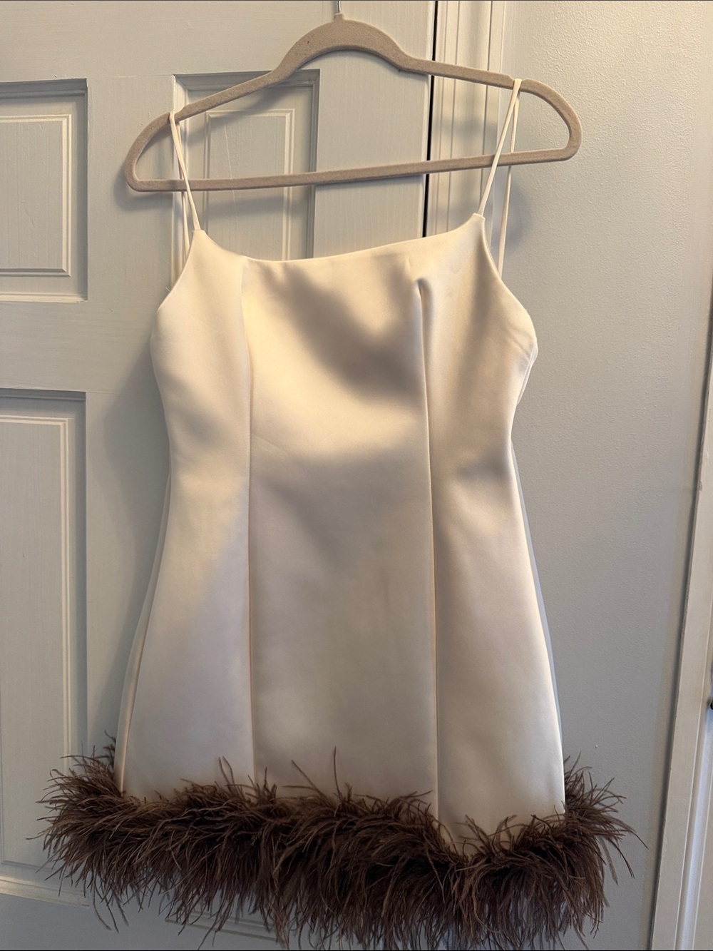 Satin Off-White Mini Dress with Feather Hem